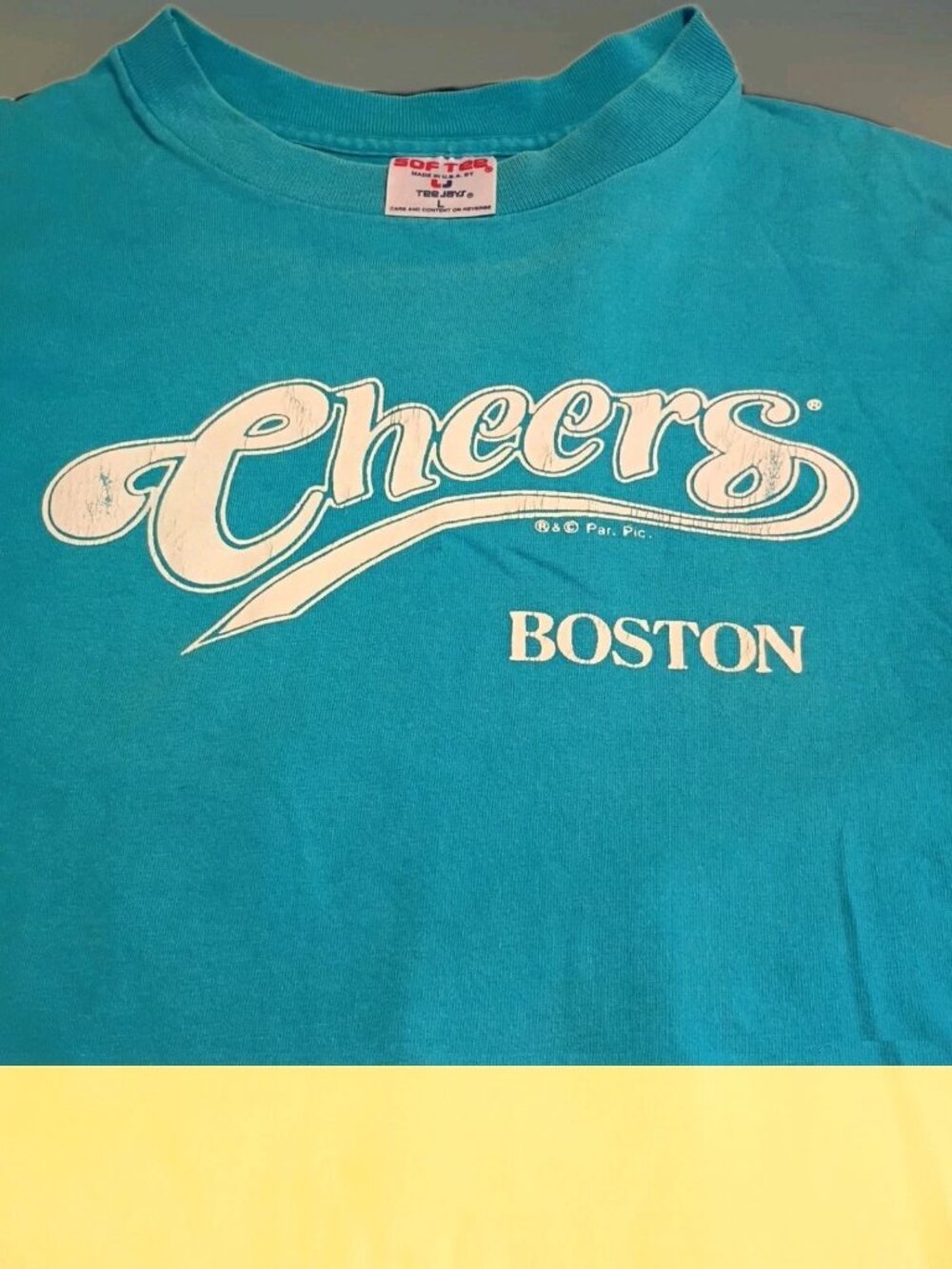Men's Vintage 1990's Single Stitch Cheers Boston Graphic T-Shirt Blue L